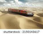 Small photo of Container tanker in the desert, stuck in the sands. international transportation is difficult, container crisis. Problems, stop logistics, stop moving, collapse of the economy, stop trading