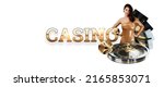 Small photo of Casino, Beautiful young girl in a golden dress. Banner concept for casino, poker, gambling, croupier, website header, black and gold design, Gambling, luxury style, Baccarat. casino win poster.
