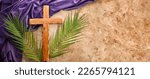 Small photo of Lent season, Holy week and Good friday concept. Palm leave and cross on stone background