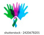 Small photo of Rare Disease Day Background. Colorful hands and ribbon on white background