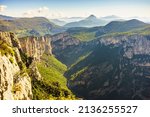 Small photo of Mountain landscape. Verdon Gorge in in French Alps, Provence France. Regional Natural Park. River grand canyon. Tourists place. View from Belvedere de la Dent d'Aire viewpoint.