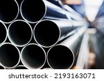 Steel pipes group for industry  material Product of engineering  construction Factory equipment iron tubes metal warehouse industrial 
