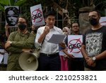 Small photo of Kuala Lumpur, Malaysia - 10052022: Muar MP Syed Saddiq gave a speech after receiving a memorandum by a youth NGO Gagasan Belia during the GEG protest in front of the Parliamentary Building.