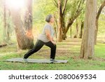 Small photo of Elderly woman practicing yoga in the garden : Senior Asian active women come alive with simple yoga exercises that give body parts flexibility to stay healthy as they age.