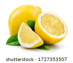 Small photo of Lemon fruit with leaf isolate. Lemon whole, half, slice, leaves on white. Lemon slices with zest isolated. With clipping path. Full depth of field.