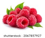 Raspberry isolated. Red raspberries with green leaf isolate. Raspberry with leaves isolated on white. Full depth of field.