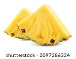 Small photo of Pineapple slice isolated. Cut pineapples on white background. Fresh pineapple triangle slices. Full depth of field.