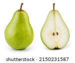 Pear isolated. One whole green pear and a half of fruit on white background. Pear slice. With clipping path. Full depth of field. 