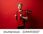 Delivery employee man in red t-shirt thermal backpack work in courier service.