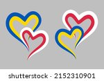 Connecting two hearts in the colors of Polish and Ukrainian flags.  Poland helps Ukraine. Blue yellow heart shaped ribbon. Patriotic and togetherness concept. Pray for Ukraine. Vector EPS 10