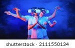 Small photo of multiexposure portrait of caucasian game man with vr glasses in multi action poses of mortal art in concept of gamer in action in game fighting game platform in meteverse
