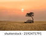 Small photo of Maasai Mara National Reserve, Kenya, July 2022 - safari tourist travel car by tree in savanna grassland in Africa during sunset