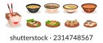 Chinese and Japanese Meal with Soup in Bowl and Noodle in Box Vector Set