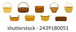 Wicker Basket as Handmade Straw Container with Handle Vector Set