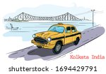 Howrah Bridge of Kolkata, City in West Bengal. kolkata taxi vector illustration