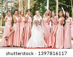 Wedding day. Beautiful bride and bridesmaids posing on the park on the wedding day. Bridesmaids dresses. Portrait of the bride and bridesmaids.  wedding day after wedding ceremony