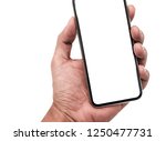 Hand holding New version of black slim smartphone similar to smart phone with blank white screen Front mockup model similar to smart phone  Background of digital economy.