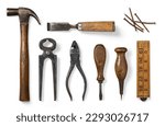 Small photo of collection of vintage tools, hammer, chisel, screwdriver, grippers, awl, wooden ruler and rusty nails, isolated over a transparent background, craft, craftsmanship, father's day design elements