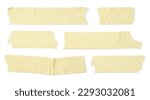 Small photo of six pieces or strips of ripped yellow textured adhesive kraft paper masking tape, attach something or use as labels and add some text - isolated design element