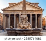 Small photo of Famous Pantheon building in Rome, Italy with translation: "M(arcus) Agrippa, son (F) of Lucius (L), Consul (COS) for the third time (Tertium), built this"