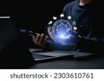 Small photo of Businessmen hand holding a lock padlock icon. Cyber security Data Protection Information privacy antivirus virus defence internet technology concept.