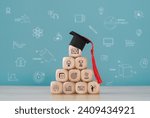 Small photo of Education learning concept.Wooden cube with icons of education, Ai, qualification, cv, resume, skills and experience.