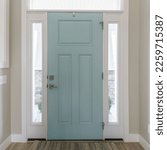 Small photo of Square Mint front door interior with transom window and sidelights. Interior of a house with light gray walls, wooden flooring and a view of two rooms on both sides with windows.