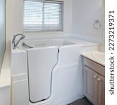 Small photo of Square Walk-in bathtub with elderly and handicapped accessibility. There is a vanity sink with mirrors on the right and shower stall with frosted glass and aluminum frames.
