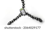 Small photo of RCT, UK, OCTOBER 25th 2021 : camera tripod or gorillapod with gripping legs and green yellow spirit level seen from above on white background.