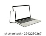 Computer, laptop and smartphone, display. on white background workspace mock up design. 