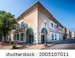 Small photo of Edwardsville, IL—July 7, 2021; early morning shadows on corner view of the Edwardsville Illinois city hall building, seat of Madison County in Saint Louis region.