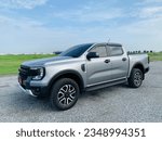 Small photo of Bangkok,Thailand. August 13, 2023 : The 2023 Ford Ranger Sport 2.0L (4x4) is a four wheel drive double cab pickup, aluminum metallic color, it has a 80L fuel tank.