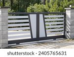 Small photo of Aluminum sliding modern design grey white portal of suburb entrance door slide house facade