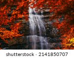Morricana Waterfalls in Monti della Laga, Abruzzo, Italy, in the full autumn season with red and orange leaves