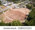 vacant land management land reclamation for land plot for building house aerial view, land pins location for housing subdivision residential development owned sale rent buy or investment home expand