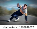 Small photo of Frightened terrified scared man fall, screaming. Accident, scene on road, highway. Pedestrian boy going to be hitted, downed, bring down by auto. Guy lying on road, asphault show stop sign with palm
