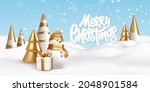 Merry Christmas background with snow drifts landscape, snowman, gift and Christmas trees. Gold and white Christmas decorations. Vector illustration EPS10