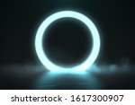 Circle neon light in black hall room, futuristic concept, Abstract geometric background, Product display, Scene, 3D Rendering.