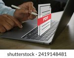 Small photo of PDF button on screen Laptop computer converting process of document to another format Convert PDF files with online programs.