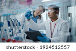 Small photo of Modern Medical Research Laboratory: Two Scientists Working Together Analysing Chemicals in Laboratory Flask, Discussing Problem. Advanced Scientific Lab for Medicine, Biotechnology, Molecular Biology