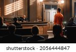 Small photo of Court of Law and Justice Trial: Imparcial Honorable Judge Pronouncing Sentence, Striking Gavel. Shot of Male Lawbreaker in Orange Robe Sentenced to Serve Time in Prison. Hearing Adjourned