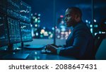 Small photo of Financial Analyst Working on Computer with Multi-Monitor Workstation with Real-Time Stocks, Commodities and Exchange Market Charts. African American Trader Works in Investment Bank Late at Night.