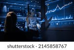 Small photo of Business Conference Meeting Presentation: Businesswoman does Financial Analysis talks to Group of Businessspeople. Projector Screen Shows Stock Market Data, Investment Strategy, Revenue Growth