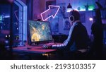 Small photo of Professional eSports Female Gamer Plays RPG Strategy Video Game with Lots of Action and Fun on Her Powerful Gaming Personal Computer at Home. Cyber Gaming Stylish Retro Neon Room.