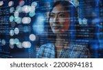 Small photo of Portrait of Asian Female Startup Digital Entrepreneur Working on Computer, Line of Code Projected on Her Face and Reflecting. Software Developer Working on Innovative e-Commerce App using AI, Big Data
