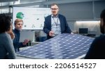Small photo of Team Meeting of Renewable Energy Engineers Working on an Innovative More Efficient Solar Panel Battery Concept. Group of Specialists Gathered Around Table, Solving Problems. Bright Research Facility.