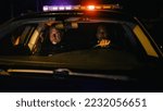 Small photo of Point of View: Night Shift Two Police Officers on Duty Driving Traffic Patrol Car, Turn on Siren Flashlights and Start Chasing a Suspect. Squad Car Cops in Pursuit of Criminal. Cinematic Night Shot