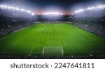 Small photo of High Angle Establishing Shot Behind Galkeeper Gates: Stadium with Soccer Championship Match. Teams Play, Crowds of Fans Cheer. Football Cup Tournament. Sport Channel TV Concept