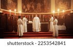 Small photo of In Grand Old Church at the Altar Ministers Lead The Eucharist, a Sacred Christian Ceremony. Holy Communion, Divine Mass, Lord's Supper. Community Sharing Wisdom and Guidance of the Bible
