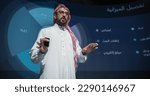 Small photo of Saudi Businessman Making a Presentation on Stage During a Middle Eastern Business Conference. Entrepreneur in White Thobe Talking About Financial Growth, New Market Development, Marketing Strategy